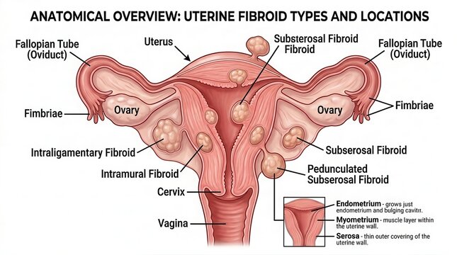 Medical illustration of uterine fibroid types and locations in anatomy illustration