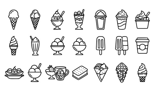 Thin Line Ice Cream Icon Collection with Sundae Cone Parfait Iced Coffee and Frozen Yogurt Vector Set