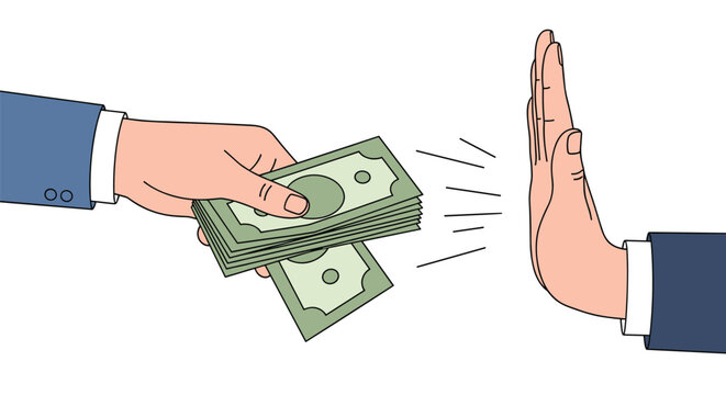 Honest businessman hand refusing a bribe of cash money representing anti-corruption, ethics, and high integrity.