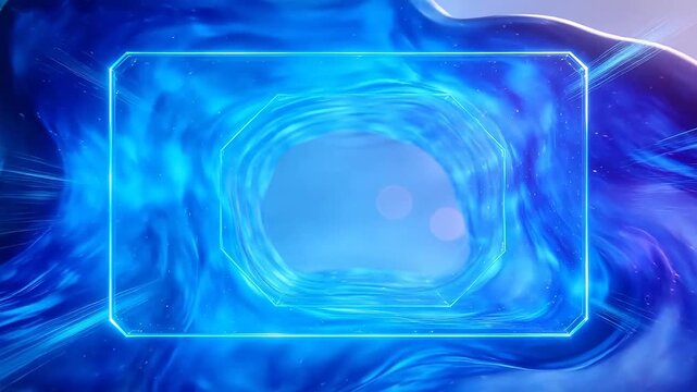 Abstract blue purple flowing fluid with transparent rectangular frame and light