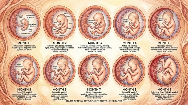 Fetal development chart showing pregnancy stages from month one to nine illustration