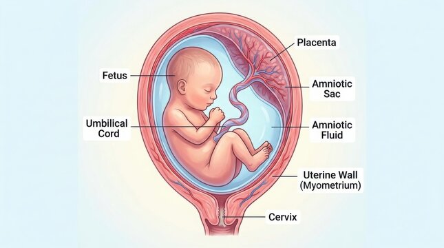 Medical illustration of a human fetus developing inside the mother womb illustration
