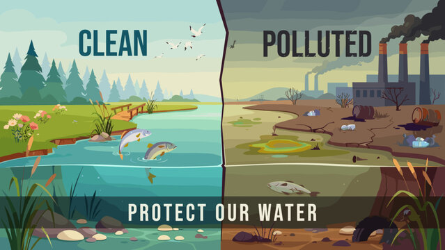 Upstream and downstream river comparison with a warning banner &ndash; Suitable for environmental non profit ads, clean water advocacy, or river restoration studies.