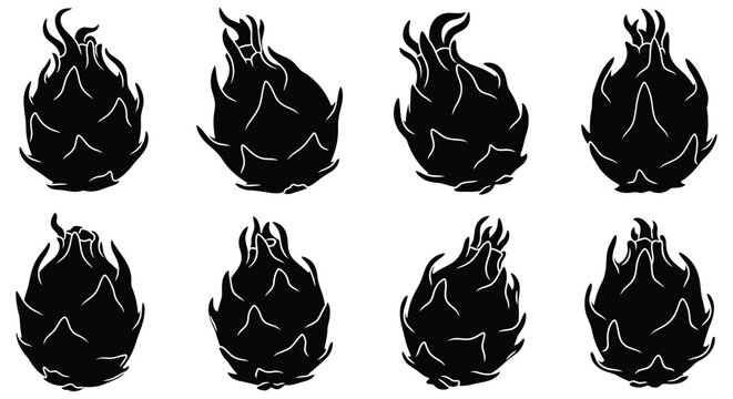 Dragon Fruit Silhouettes Collection Of Eight Black Vector Illustrations dragonfruit