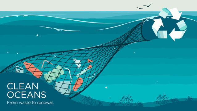 Industrial trawl net gathering ocean trash in a coral sea &ndash; Suitable for plastic free campaigns, beach cleanup organizations, or maritime law articles.