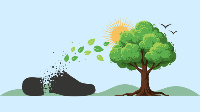 Carbon shoe print footprint transforming into a leafy tree &ndash; Great for emission reduction campaigns, carbon offset marketing, or climate change articles.