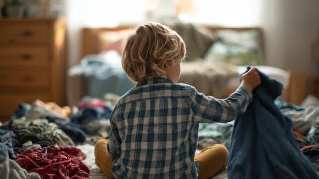 Child sits on bed surrounded by clothes in messy room in the morning