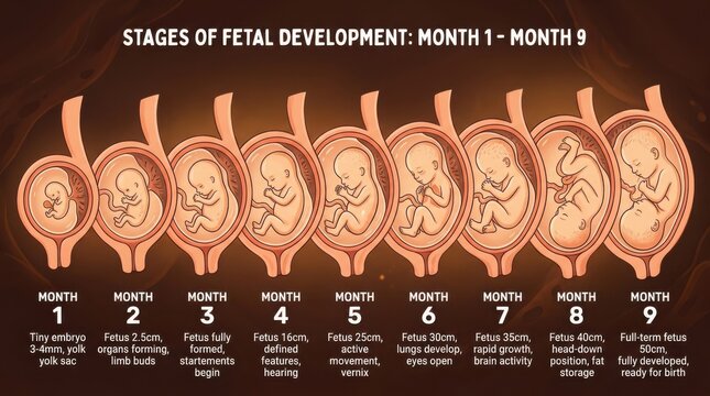 Stages of fetal development chart from month one to month nine illustration