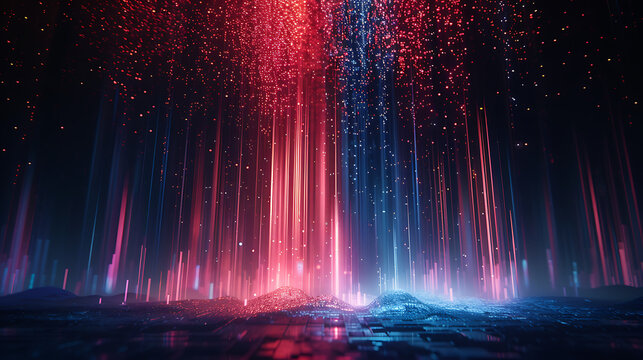 Sci-fi cyberpunk red and blue glowing data rain landscape background for big data tech summit artificial intelligence and metaverse commercial poster
