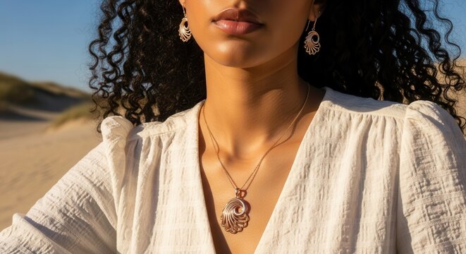 Woman wearing gold necklace and earrings on beach
