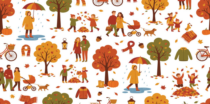 Autumn park vector elements pattern with happy people family walking and children jumping in leaves