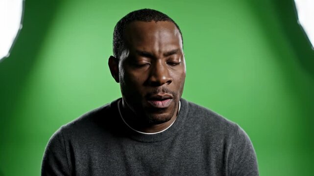 Man Expressing Concern Through Subtle Facial Changes in Studio Lighting