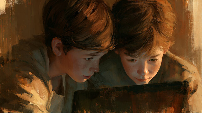 A warm, textured digital illustration depicting two boys with freckles and brown hair, illuminated by the light from a tablet screen in a dark environment.