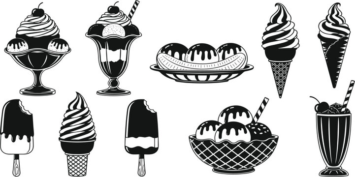 Black and white ice cream sundae milkshake and banana split vector illustration set