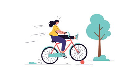 Fototapeta premium Young woman losing control of her bicycle and falling down after hitting a small red ball on the road in a green park.