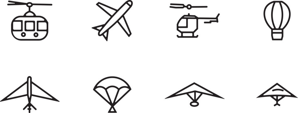 Aerial transportation icons cable car airplane helicopter hot air balloon and gliders