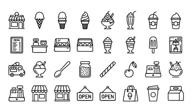 Thin Line Ice Cream Shop Icon Set Editable Stroke Vector Collection for Dessert Store and Cafe