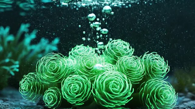 Luminescent Microalgae Cluster Releasing Bubbles Underwater