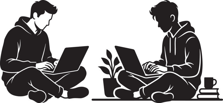 Black silhouette vector of two men working on laptops sitting on white background with silhouette computer isolated business