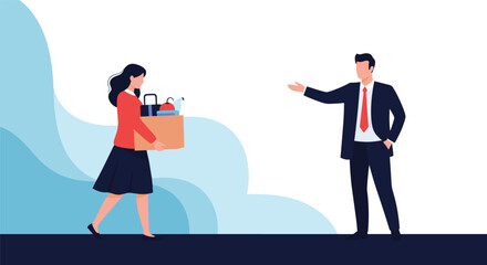 Fototapeta premium Angry male boss firing a female employee who is carrying a cardboard box with her personal belongings out of the office.