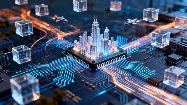 Virtual city on central chip with flying vehicles and circuit board base