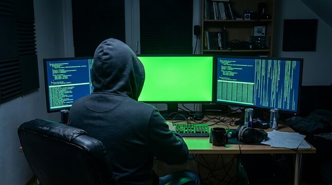 Hacker in a hoodie sitting in front of computer screens with code and a green screen