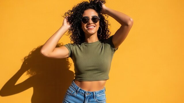 Young woman happy smiling sunglasses green shirt jeans