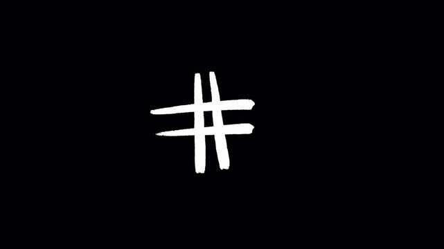 Minimalist hand drawn white hashtag symbol isolated on a solid black background.