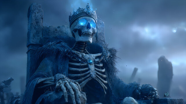 Skeleton king sitting on a dark throne with glowing blue eyes