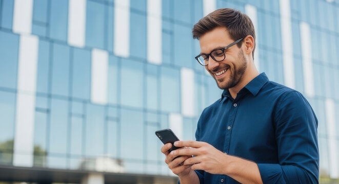 Man looking at phone smiling outside modern building