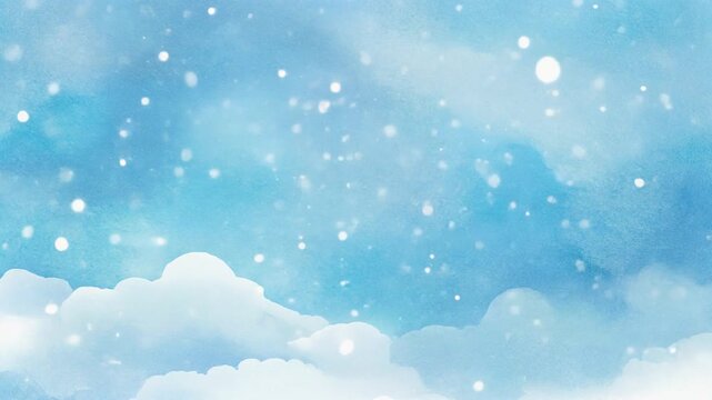 Watercolor winter sky background with soft white clouds and falling snow