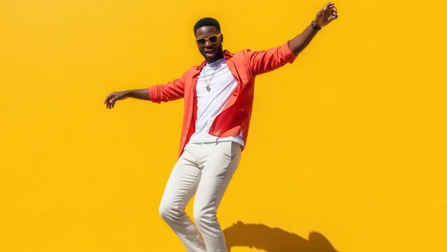 Man dancing on yellow wall