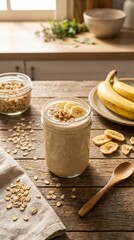 Fototapeta premium Healthy banana oatmeal smoothie with granola and fresh fruit