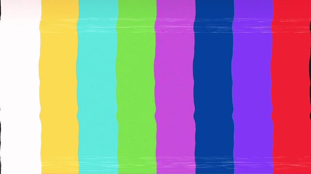 Retro television screen displaying a colorful static test pattern with vertical bars and digital noise for broadcast interference