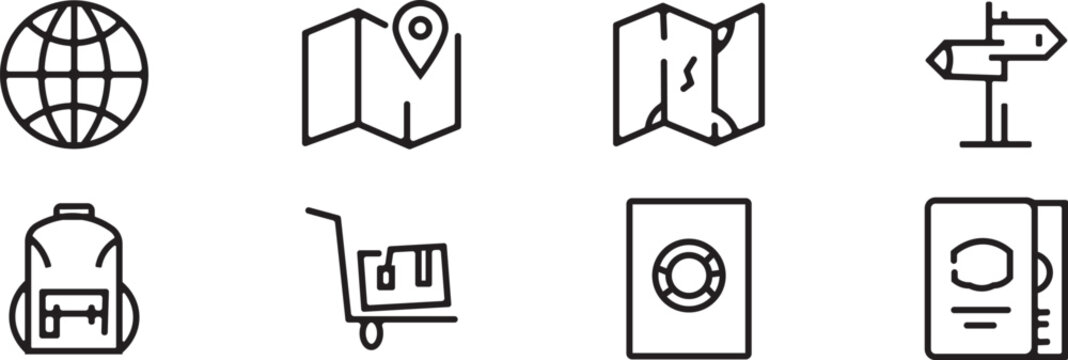 Travel and navigation line icons set globe maps backpack shopping cart