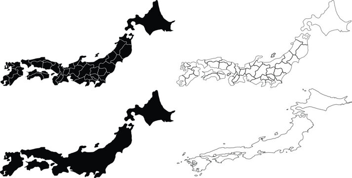 vector illustration of a japan country, vector map of japan, set of 4 different maps, maps silhouette and outline style, cut for circuit vinyl, laser cut, commercial use, design