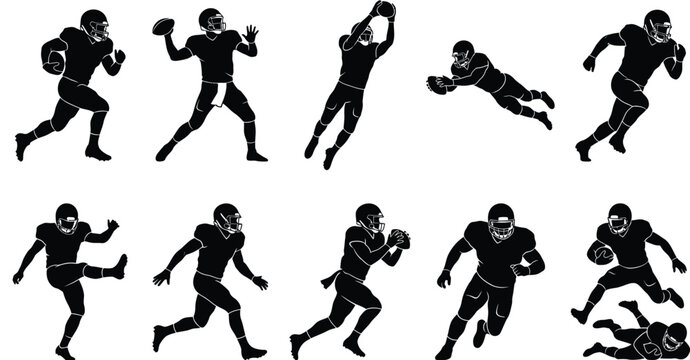 American football players silhouette collection dynamic action poses