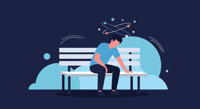 Depressed young man sitting on a park bench under a dark sky with spinning stars around his head representing dizziness.