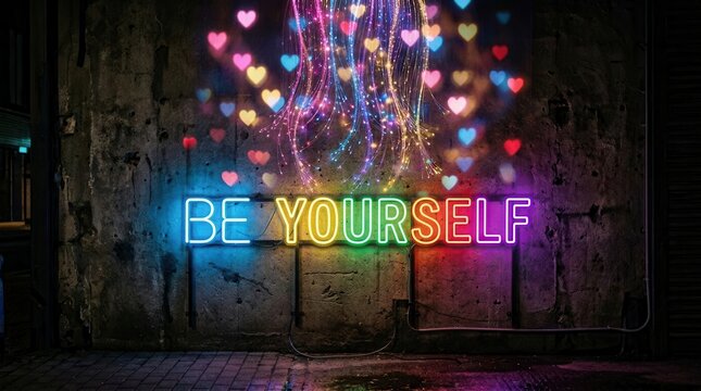 Neon sign with "Be Yourself" text and heart bokeh lights
