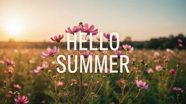 Hello Summer text overlay on a field of pink cosmos flowers at sunset