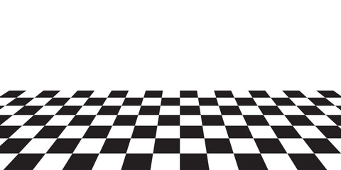 Naklejka premium Abstract black and white checkered floor background. 3D perspective chessboard pattern grid on white backdrop. Vector geometric checker tiles horizon layout for modern retro design.