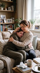 Fototapeta premium Mother comforting sad teenager with warm embrace on cozy living room sofa, emotional support and hope, natural light, supportive family moment, tissue and tea on table