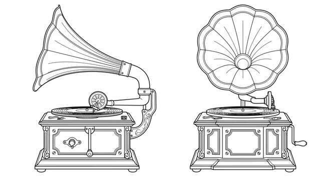Gramophone Illustrations: Two detailed line art illustrations showcase vintage gramophones, one with a large horn and the other with a decorative horn, representing classic music and auditory history.