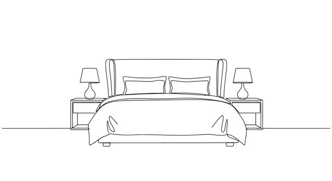 Continuous line art of double bed with bedside tables and lamps