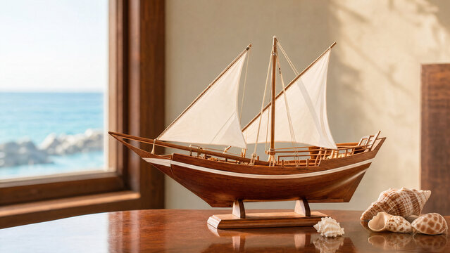 Wooden dhow model on polished surface with coastal light and seashell accents.