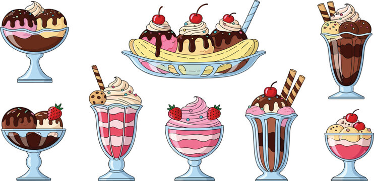 Ice cream sundae banana split milkshake dessert vector illustration set isolated on white