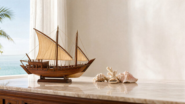 Wooden dhow model on polished surface with coastal light and seashell accents.