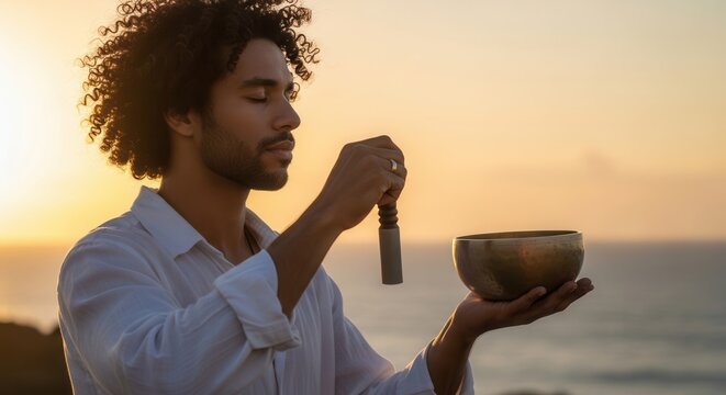 Man meditating with singing bowl at sunset