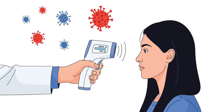 Doctor holding a contactless infrared digital thermometer to check a young woman forehead temperature for fever.