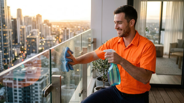Man cleaning glass balcony railing with city view